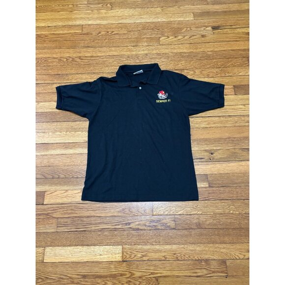 Vintage Hanes Mens US Marines Polo Shirt Sz Large Black Semper Fi Bulldog Cigar - Picture 1 of 7